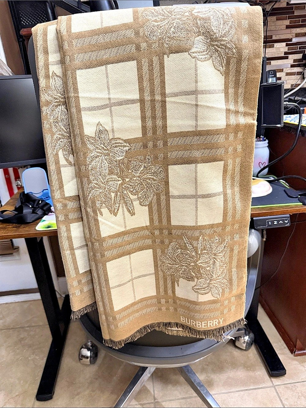 Burberry Plaid Floral Scarf in Brown & Cream Like New